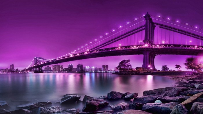 Manhattan Bridge illuminated with purple lights over water