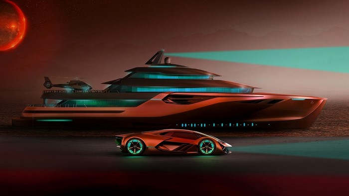 Futuristic Supercar and Yacht with Helicopter