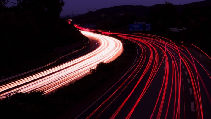 Light trails on a highway at night