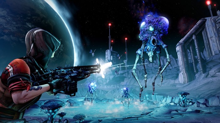 Borderlands: The Pre-Sequel character shooting aliens on a moon