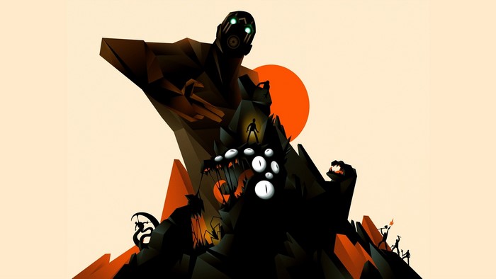 Giant robot and monster in Borderlands style