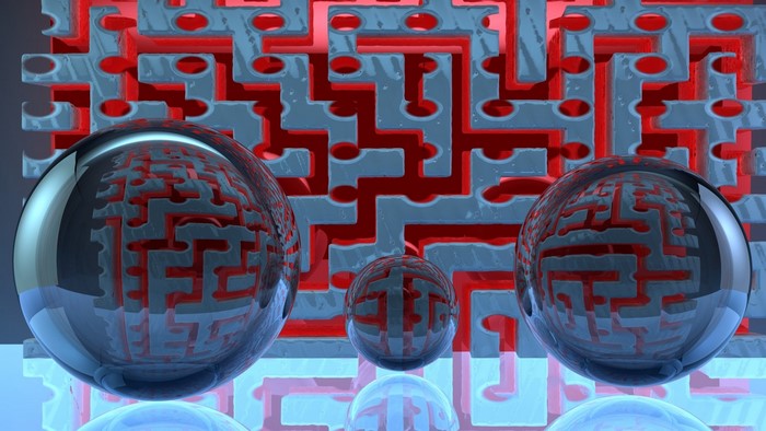3D abstract maze with reflective spheres