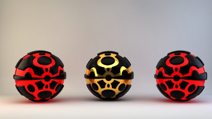 Three futuristic spheres with red and gold accents