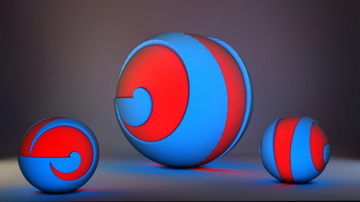 3D rendered spheres with red and blue patterns