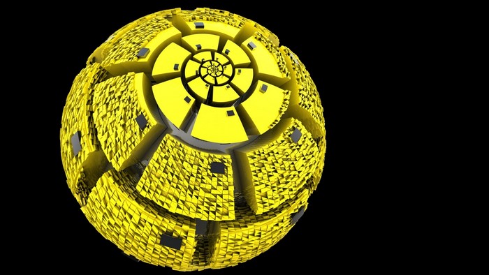 Yellow fractal sphere with intricate geometric patterns