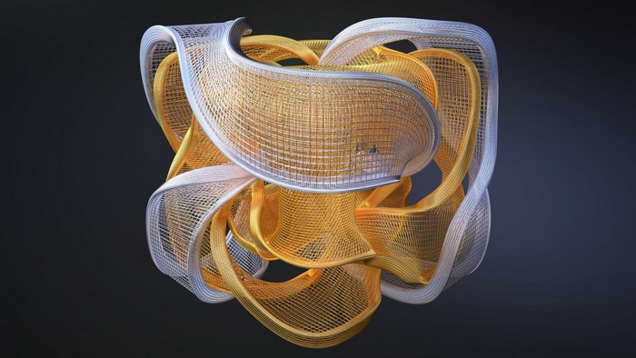 Abstract 3D sculpture with gold and silver interwoven elements