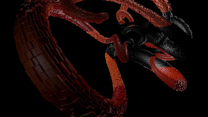 Abstract 3D graphics with red and black elements