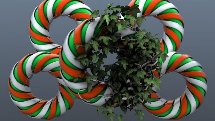 3D graphic of intertwined rings with ivy