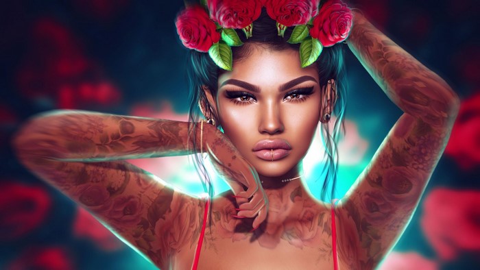 Fantasy girl with roses and tattoos
