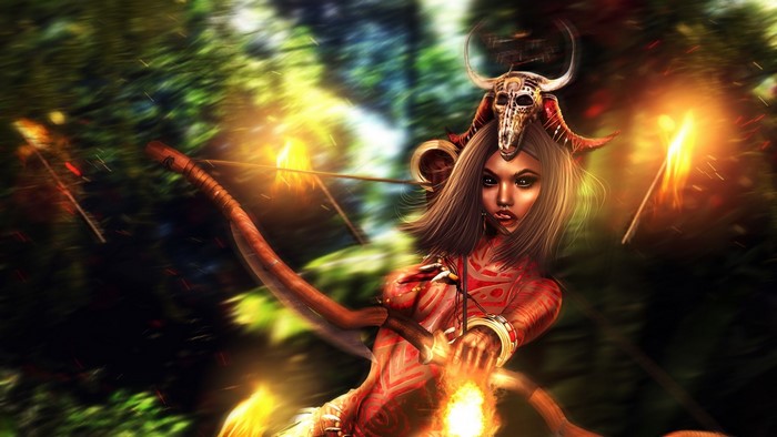 Fantasy girl with bow and arrows in forest