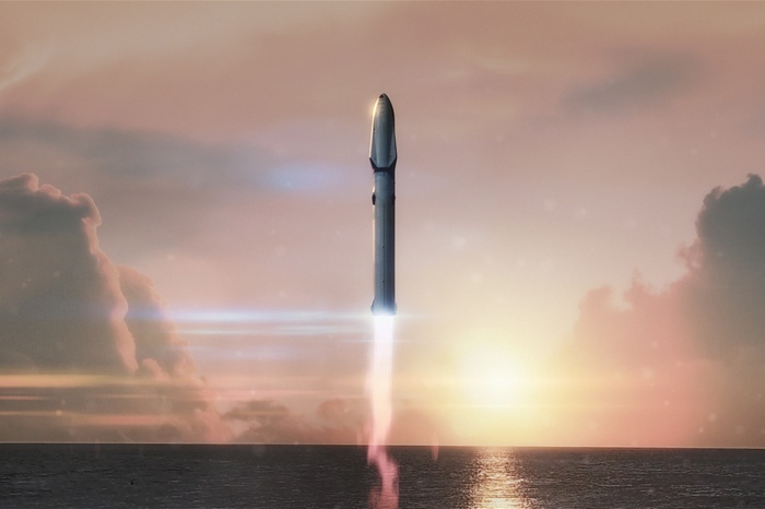 Rocket Launching Over Ocean at Sunset