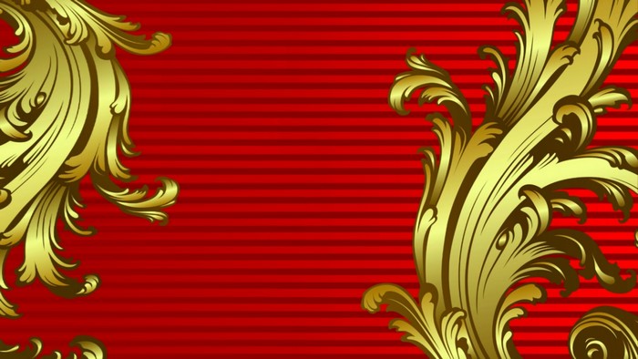 Gold baroque ornaments on red striped background