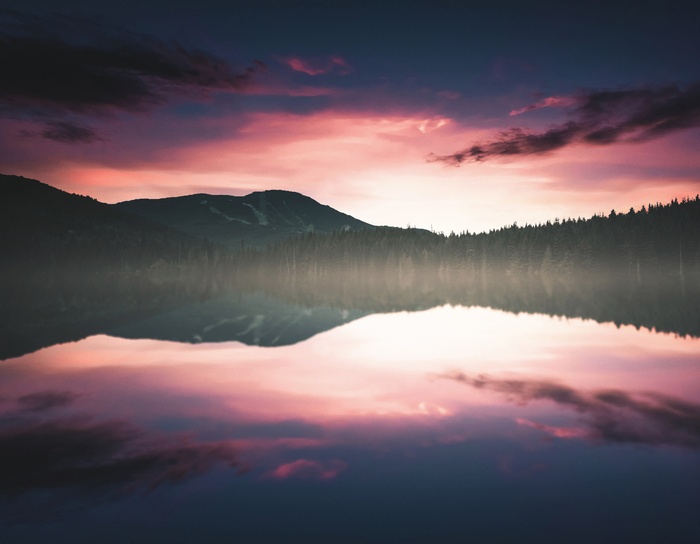 Lake reflections at sunset with mountains and forest