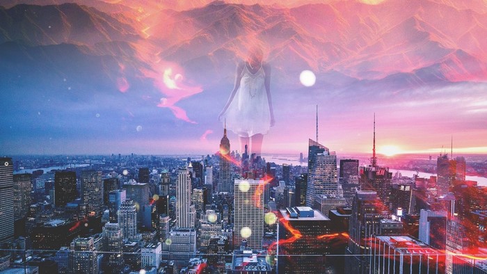 Multiple exposure of a woman over New York City skyline