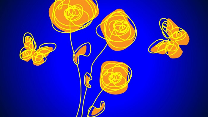 Orange flowers and butterflies with yellow outlines on blue background