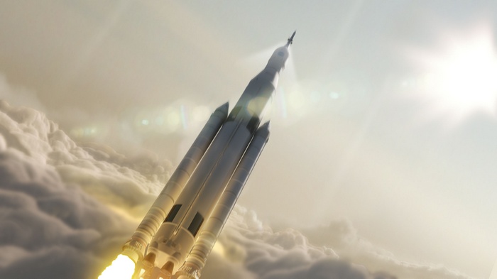 Rocket Launching Through Clouds with Sun Flare