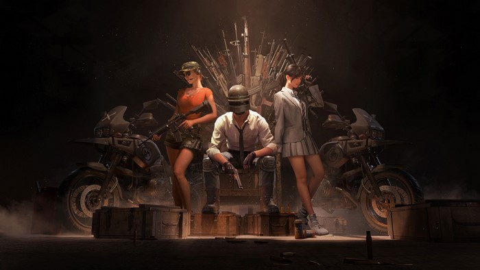 PlayerUnknowns Battlegrounds characters on a throne of guns
