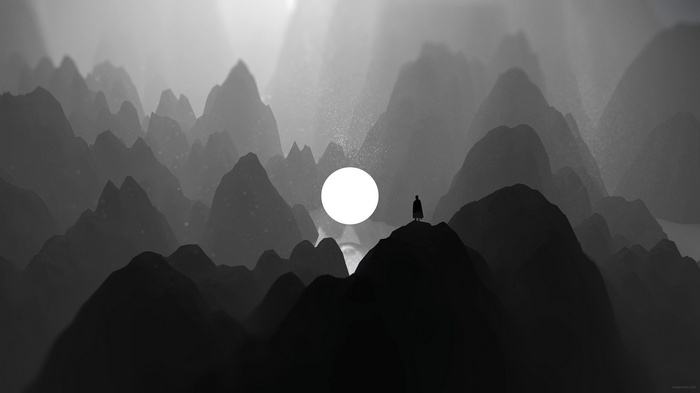Silhouette of a person on a mountain peak with a large moon