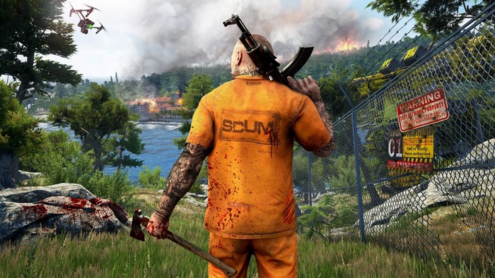 SCUM game art with prisoner and drones