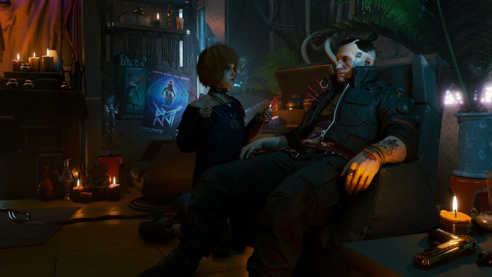 Cyberpunk 2077 scene with two characters