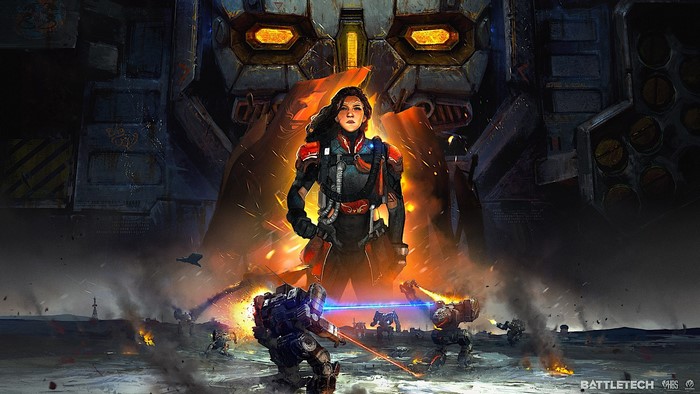 Battletech: Woman and mechs in battle