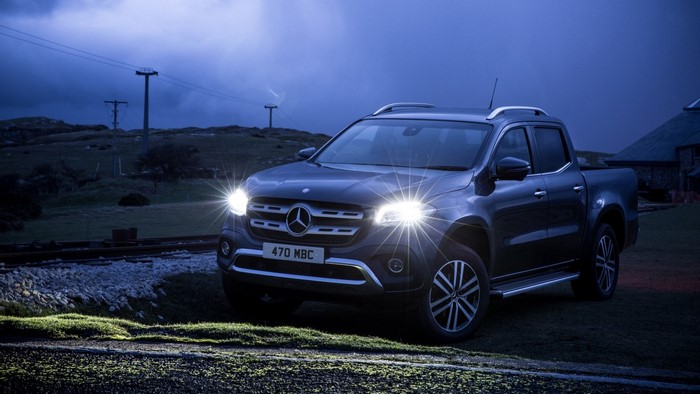 Mercedes-Benz X-Class pickup truck at night