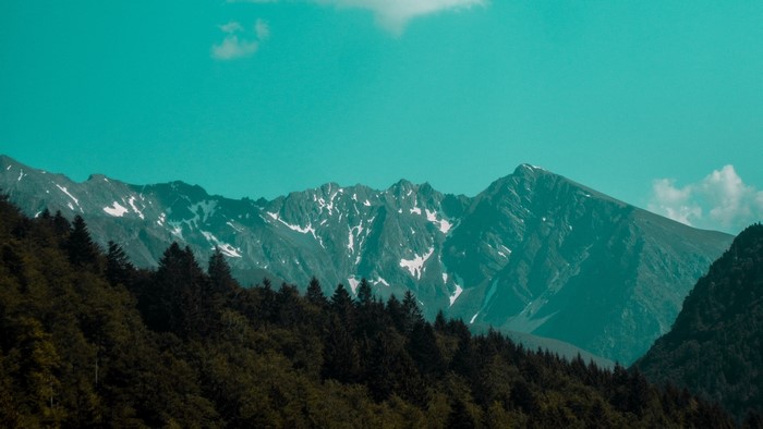 Snow-capped mountains and forest in France