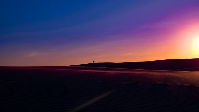 Two people silhouetted on sand dunes at sunset
