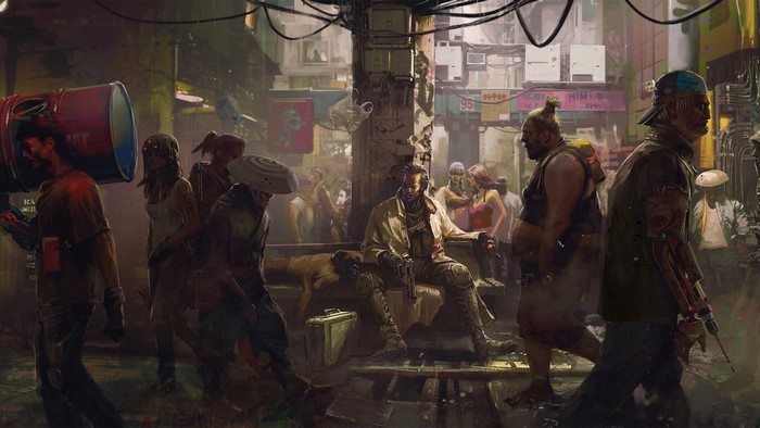 Cyberpunk 2077 street scene with diverse characters