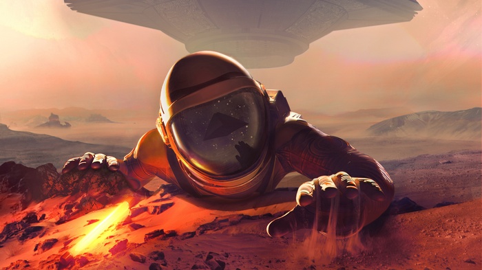 Astronaut crawling on Mars with a spaceship above
