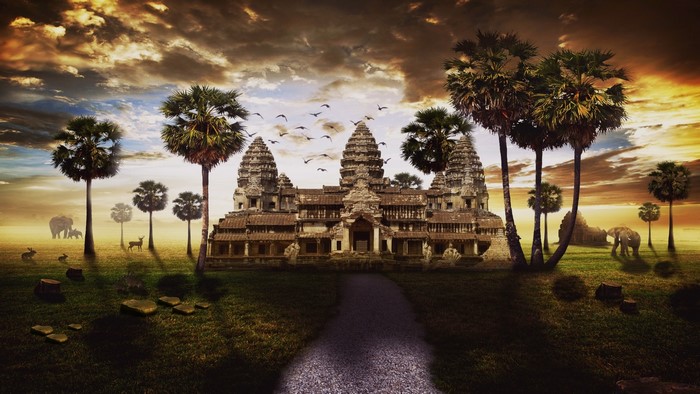Angkor Wat Temple Complex with Elephants and Deer