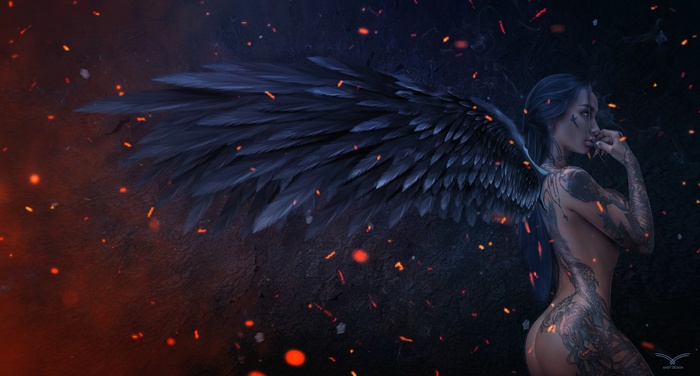 Dark angel with black wings and tattoos