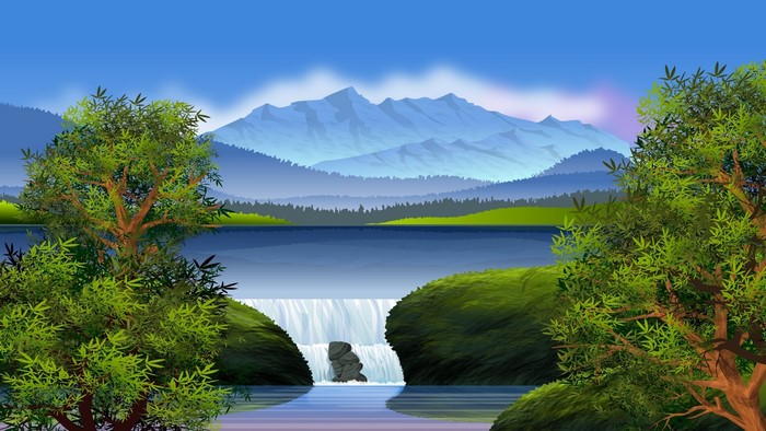 Nature scene with waterfall and mountains