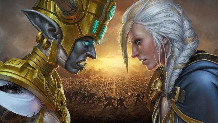 Two fantasy characters face each other with armies behind them