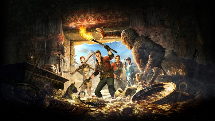 Strange Brigade characters fight a mummy in a treasure-filled tomb