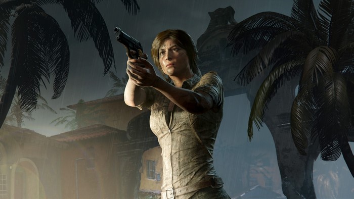 Lara Croft from Shadow of the Tomb Raider aiming a pistol