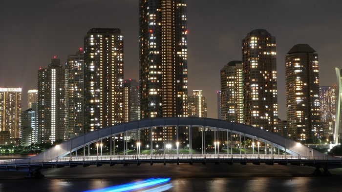 Night view of Tokyo skyline with Rainbow Bridge