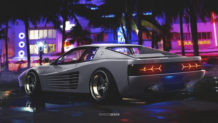 White Ferrari Testarossa on a wet street at night