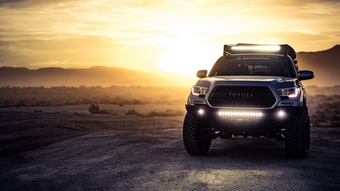 Toyota Tacoma with light bars at sunset