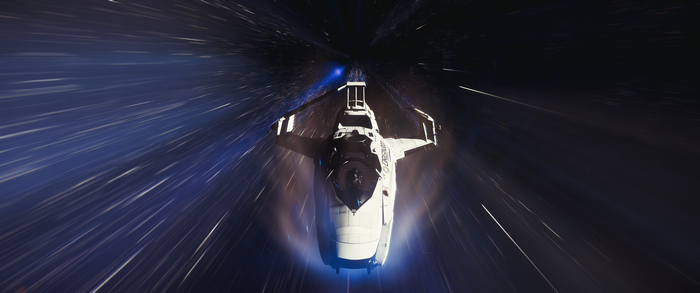 Spaceship traveling through a warp tunnel