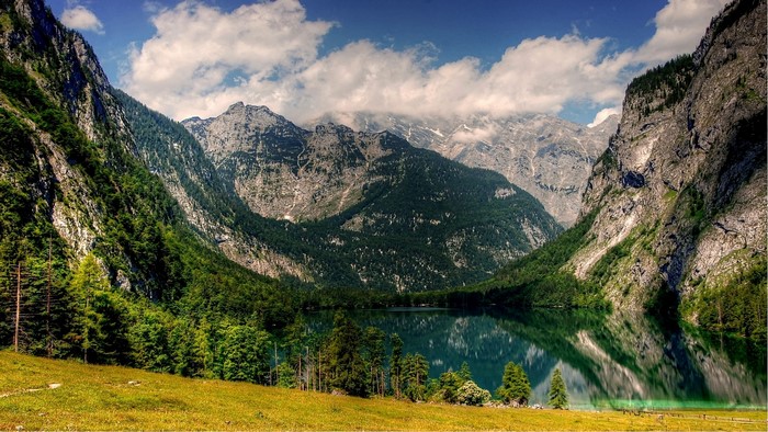 Lake in the mountains with forest and grass