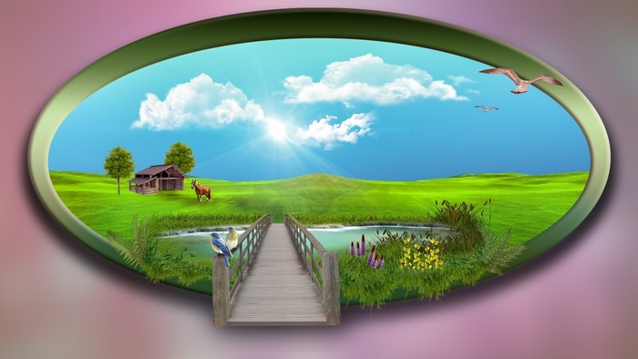 Oval landscape with a bridge, barn, and horse