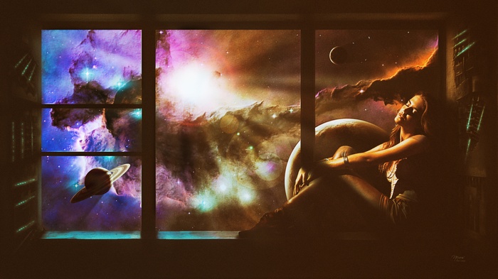 Woman looking at space through a window