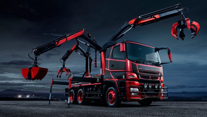 Red and black Mitsubishi Fuso Super Great V truck with cranes