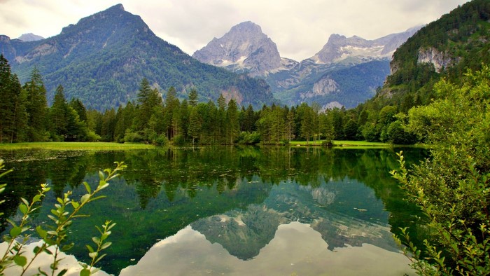 Mountains reflected in a lake with trees