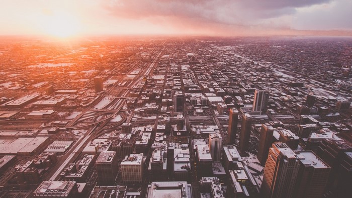 Aerial view of Chicago cityscape at sunset
