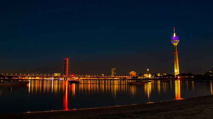 Dusseldorf Rhine Tower and Bridge at Night