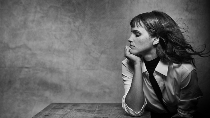 Emma Watson in black and white portrait