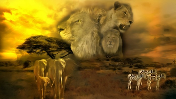 Lions, Elephants, and Zebras in African Savannah