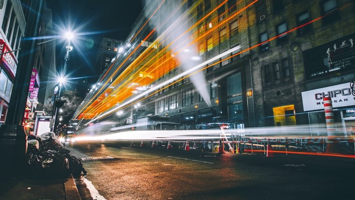 Light trails on a New York City street at night